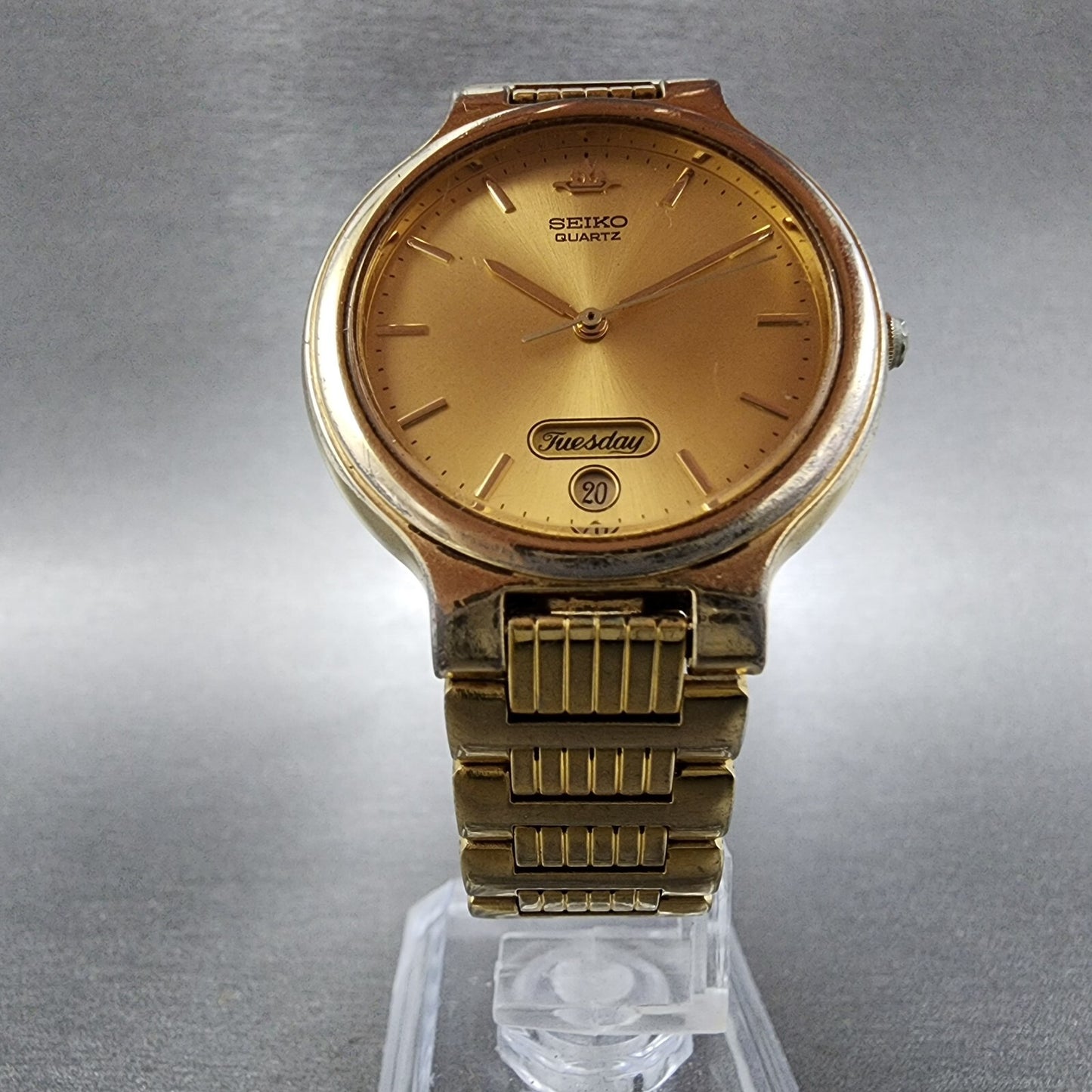 Seiko Watch Men 33mm Gold Dial Gold Tone Daydate Round 5Y236090 New Battery5