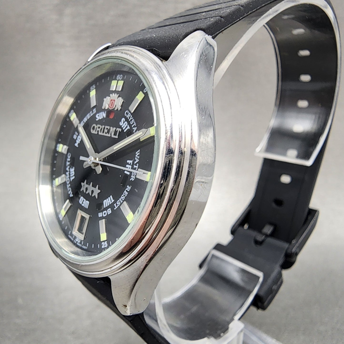 Orient Tri Star Watch Men 37mm Black Dial Steel Daydate Auto EM04D1 PARTS3