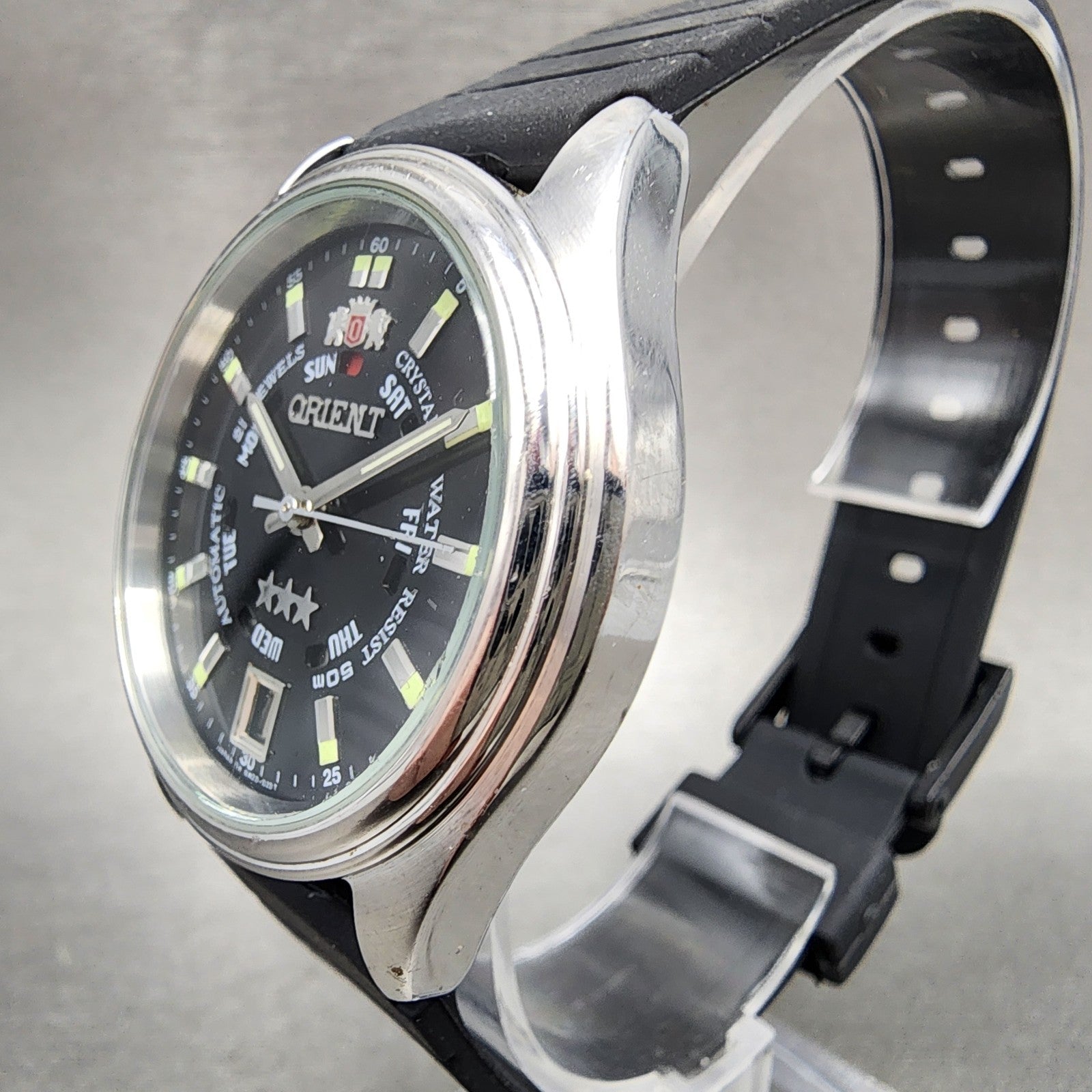 Orient Tri Star Watch Men 37mm Black Dial Steel Daydate Auto EM04D1 PARTS3