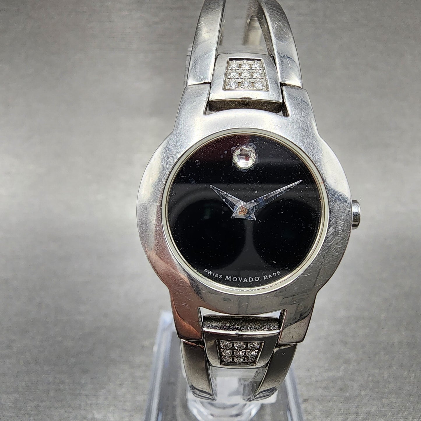 Movado Amorosa Watch Women 24mm Black Dial Steel Diamond Accents New Battery0