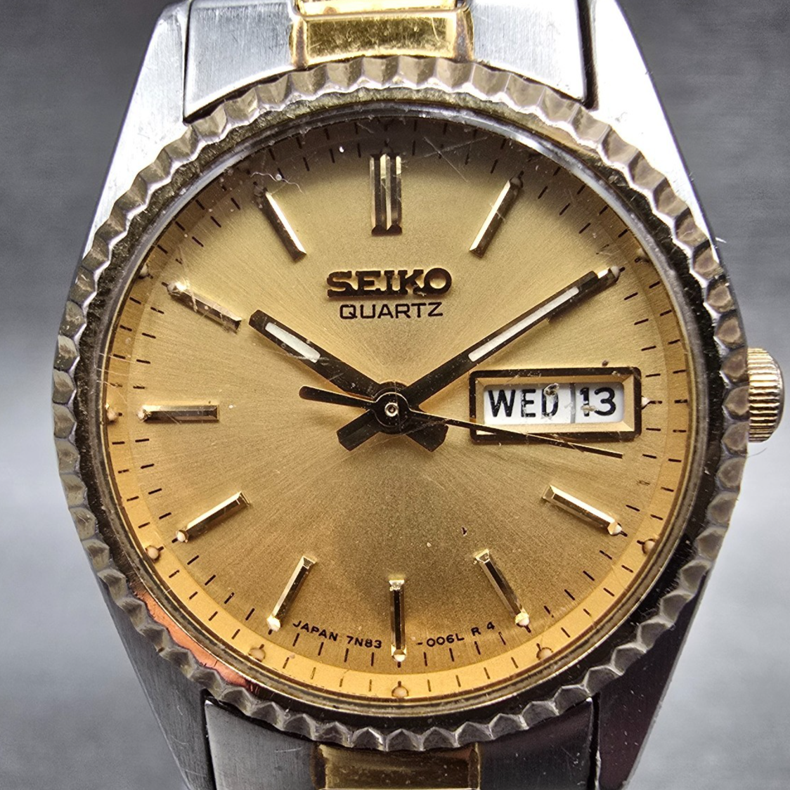 Seiko Watch Women 24mm Gold Dial Two Tone Daydate Round 7N83-0040 New Battery JP1