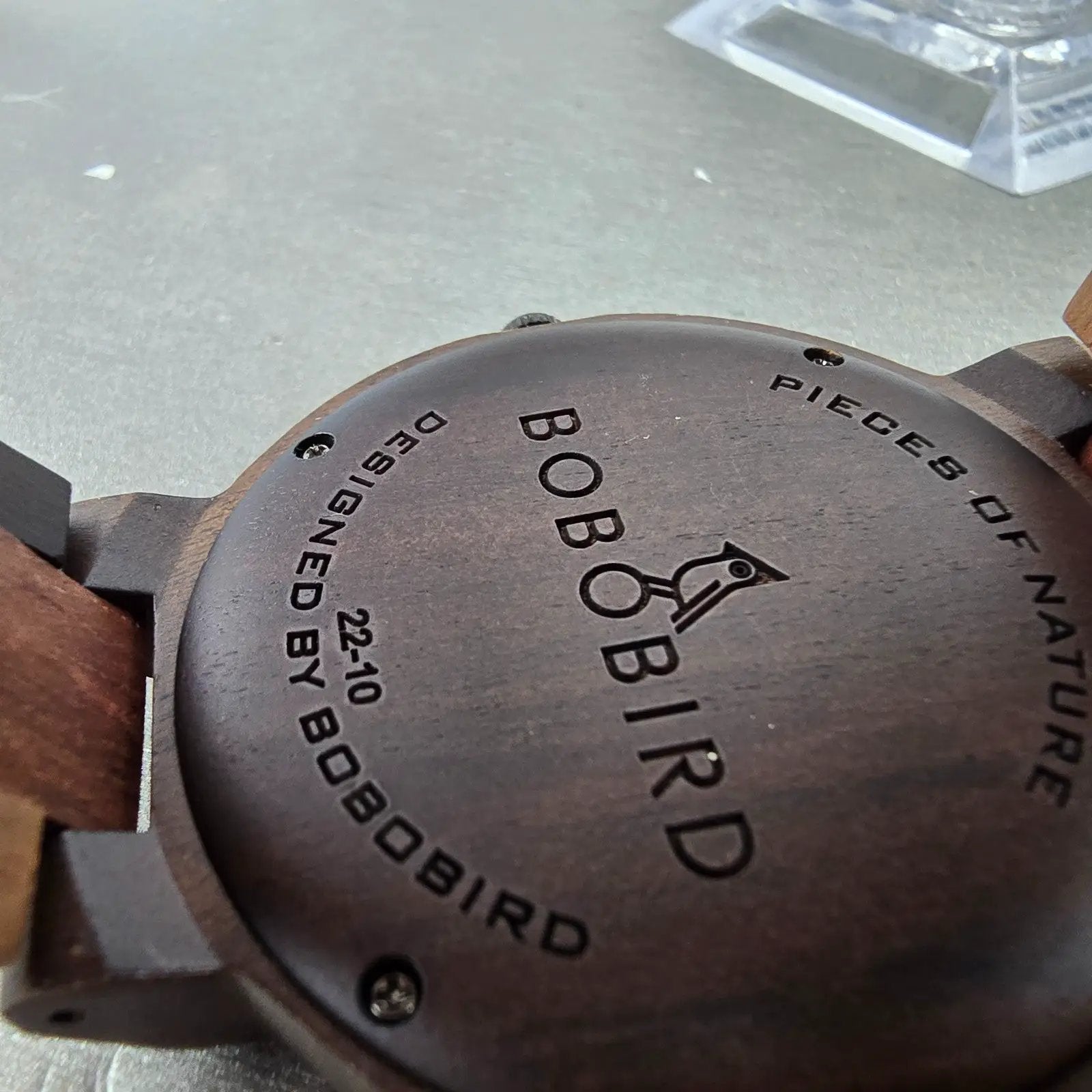 Bobo Bird Watch Men 46mm Brown Dial Wooden Case Round Daydate New Battery10