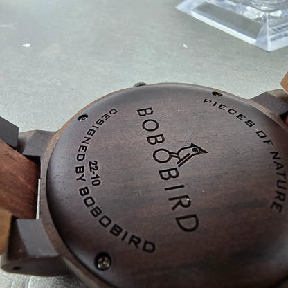 Bobo Bird Watch Men 46mm Brown Dial Wooden Case Round Daydate New Battery10