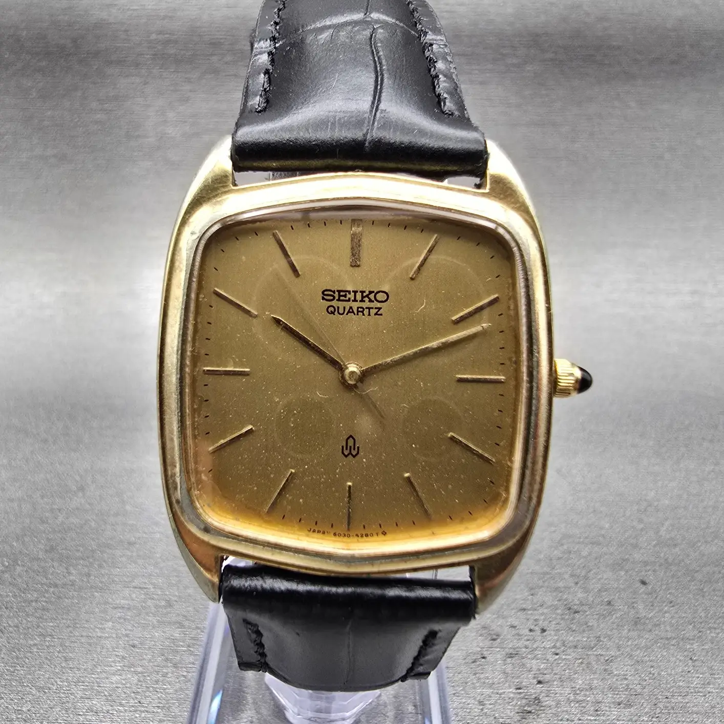 Seiko Watch Men 30mm Gold Dial Gold Tone Rectangle 6030-5250 New Battery Vintage0