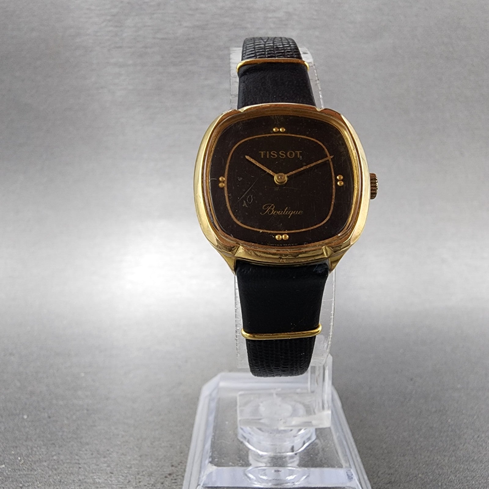 Tissot Boutique Watch Women 24mm Black Dial Gold Tone Manual Wind Runs VTG5