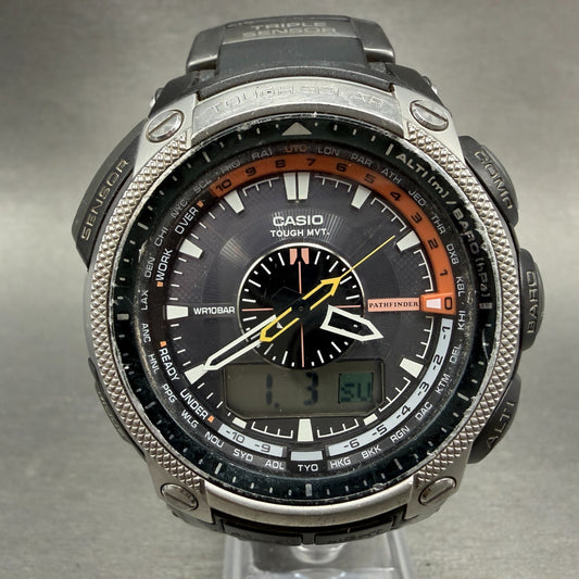 Casio Pathfinder PAW-5000 Watch Men 49mm Black Silver Triple Sensor READ!! Solar0
