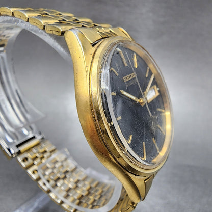 Seiko Watch Men 35mm Black Dial Gold Tone Daydate 7n43-8a39 New Battery READ