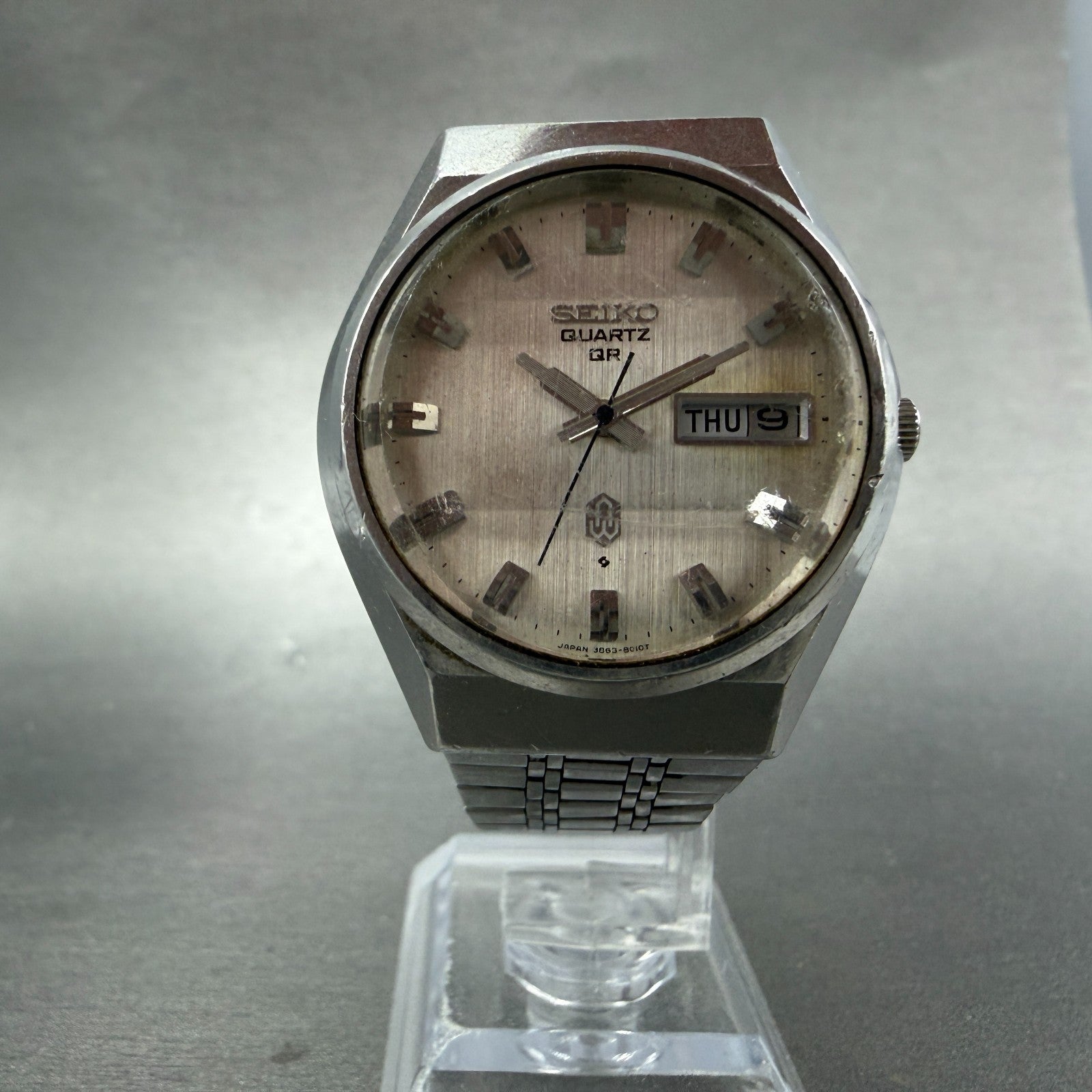 Seiko QR Watch Men 36mm Silver Dial Silver Tone Daydate 3863-8010 New Battery5