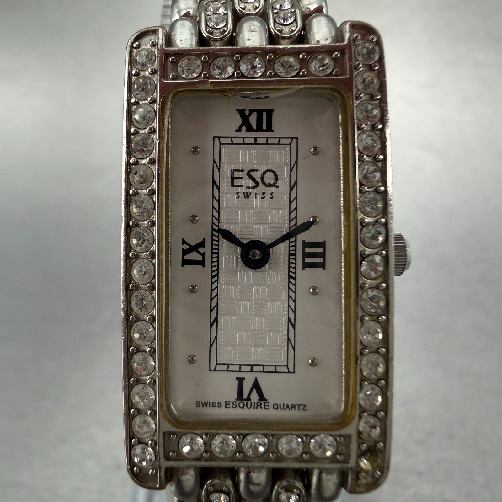 ESQ Tank Watch Women 18mm White Dial Silver Tone Rectangle 100654 New battery1