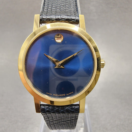 Movado Museum Watch Women 25mm Blue Dial Gold Plated Round Lizard Band New Batt