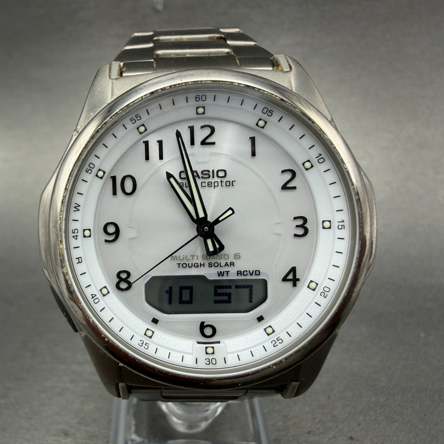 Casio Wave Ceptor Watch Men 42mm White Dial Titianium Solar Analog Digital Works0