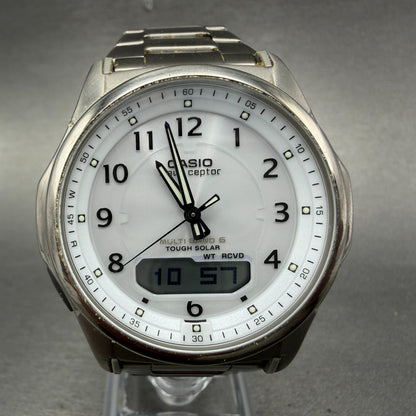 Casio Wave Ceptor Watch Men 42mm White Dial Titianium Solar Analog Digital Works0