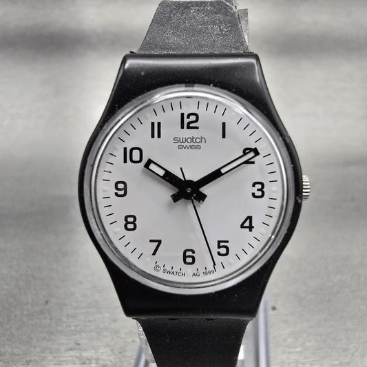 Swatch SOMETHING NEW Watch Women 25mm White Dial Black Case Round LB153 New Batt0