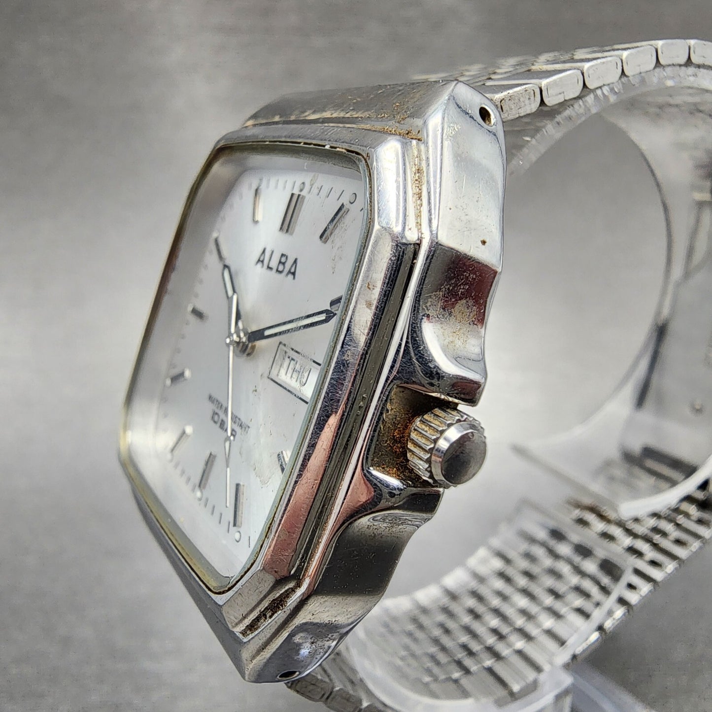 Seiko Alba Watch Men 33mm Silver Dial Silver Tone Daydate 7n33-k003 New Battery