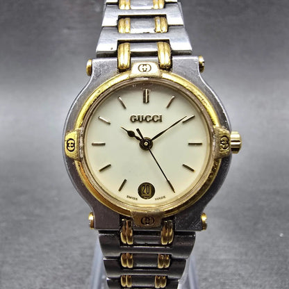 Gucci 9000L Watch Women 25mm Cream Dial Two Tone Date Round New Battery0