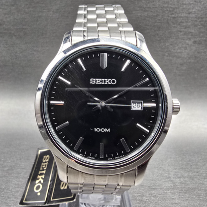 Seiko Watch Men 41mm Black Dial Silver Tone Date Round 6N42-00F0 New Battery0