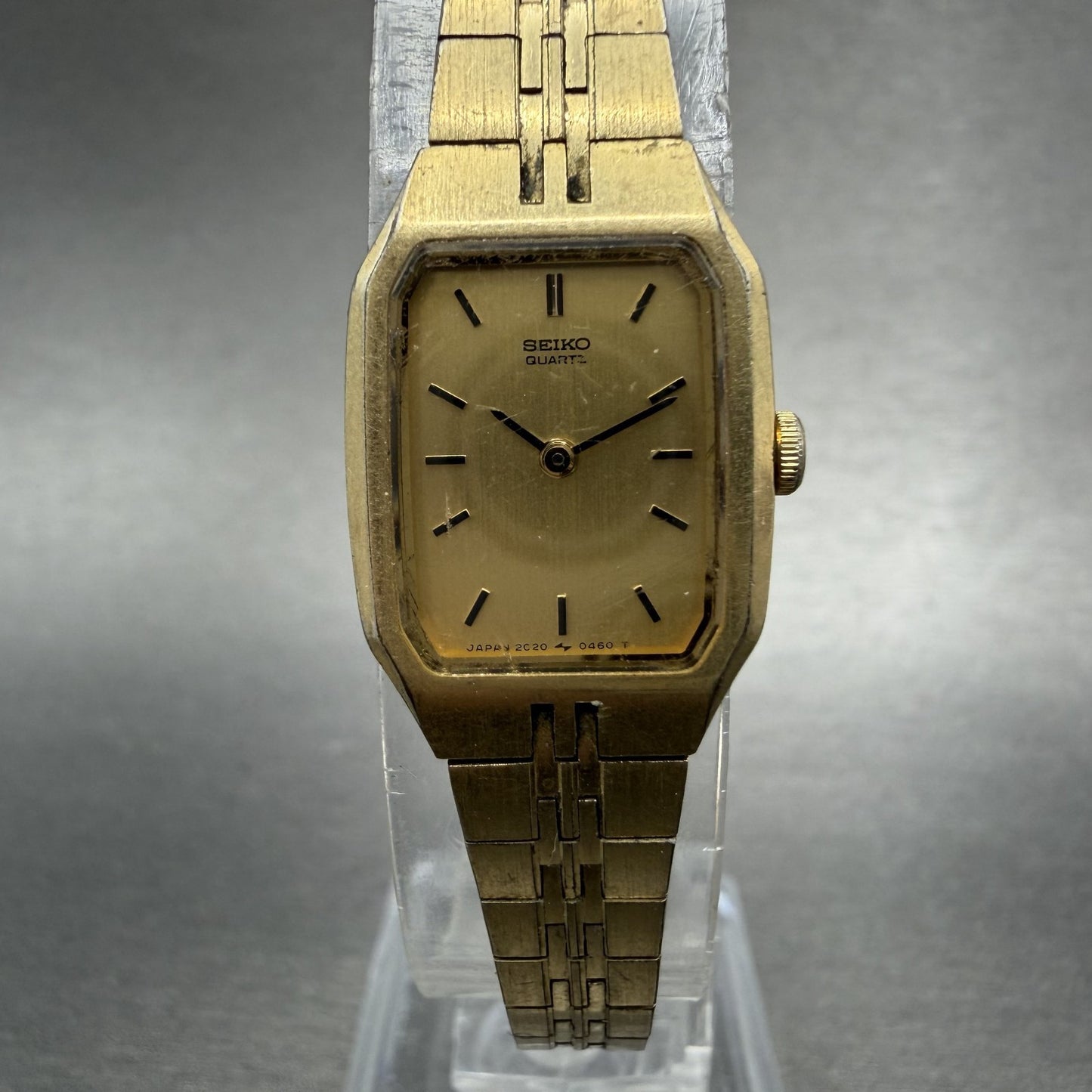 Seiko Tank Watch Women 16mm Champagne Dial Gold Tone 2C20-5200 New Battery0