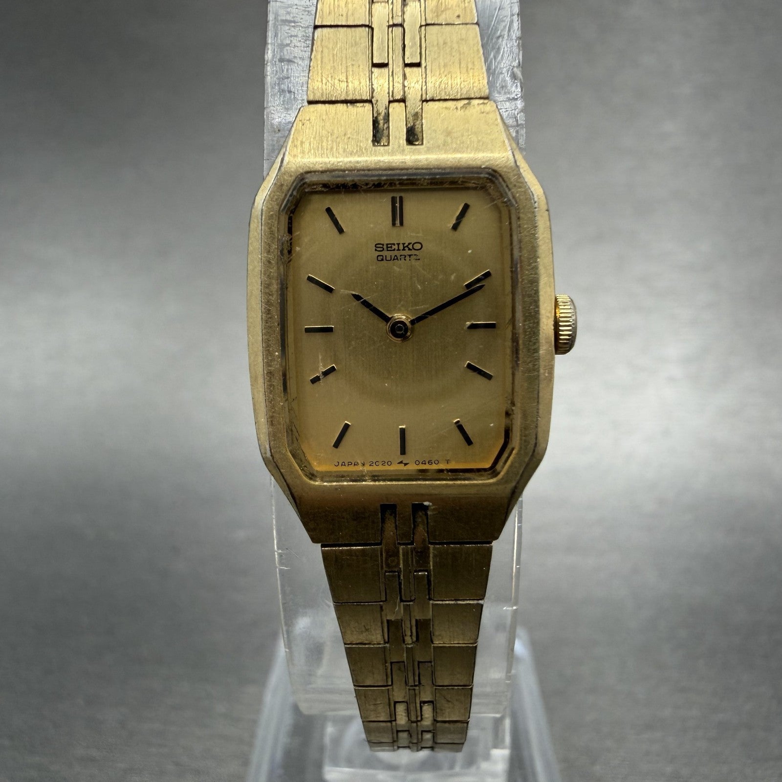 Seiko Tank Watch Women 16mm Champagne Dial Gold Tone 2C20-5200 New Battery0