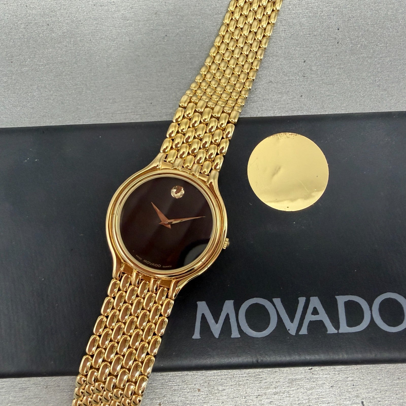 Movado Museum Watch Men 32mm Black Dial Gold Tone Round 87-85-866 New Battery0