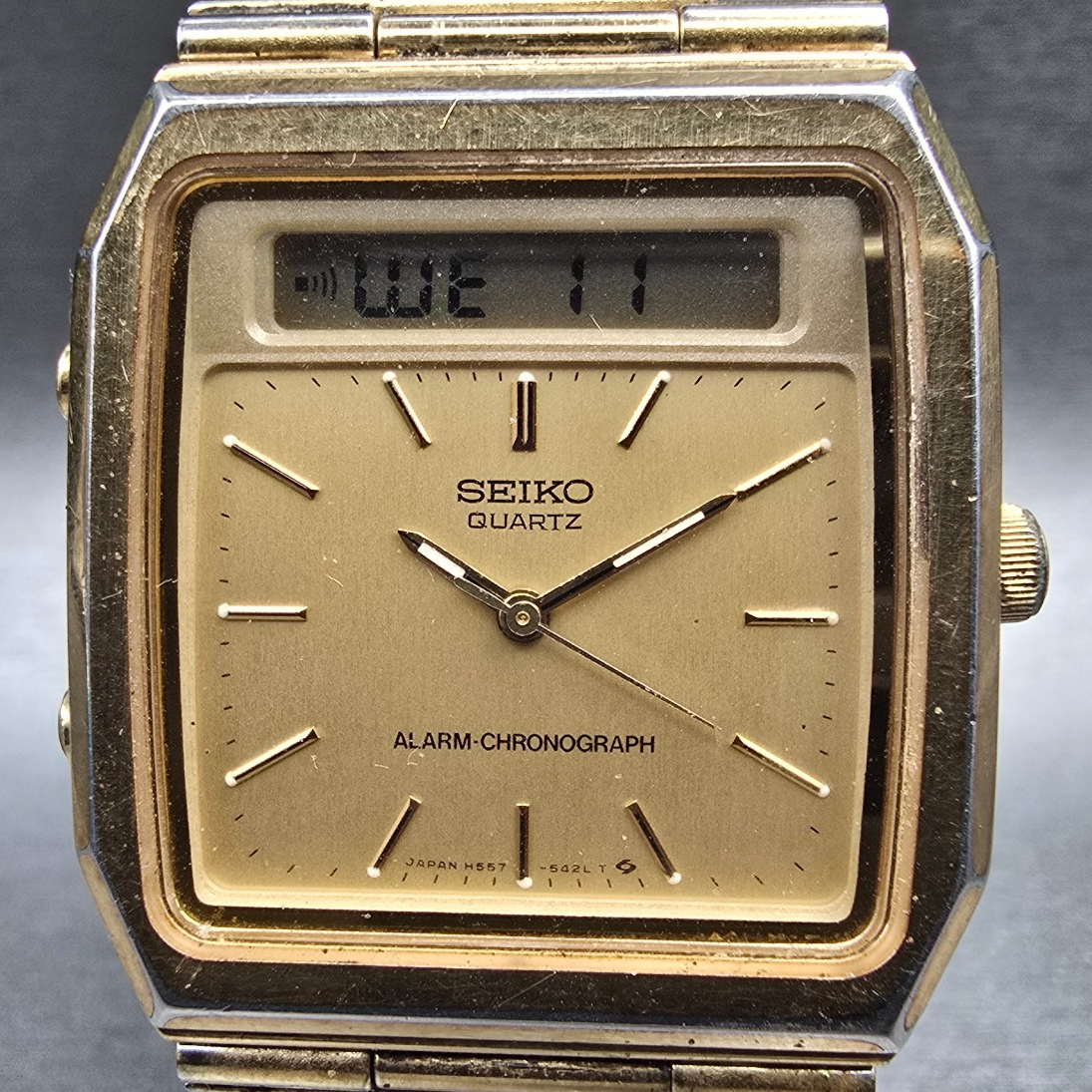 Seiko Watch Men 31mm Gold Dial Gold Tone Chrono Alarm H557-5319 New Battery1