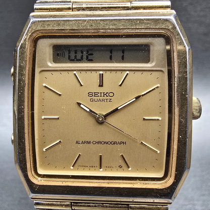 Seiko Watch Men 31mm Gold Dial Gold Tone Chrono Alarm H557-5319 New Battery1