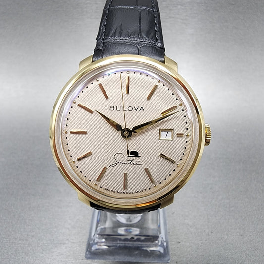 Bulova Frank Sinatra Watch Men 40mm Cream Dial Gold Tone Date Manual Wind 97B195