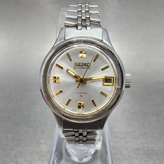 Seiko Automatic Watch Women 23mm Silver Dial Silver Tone Date 4205-0160 Runs