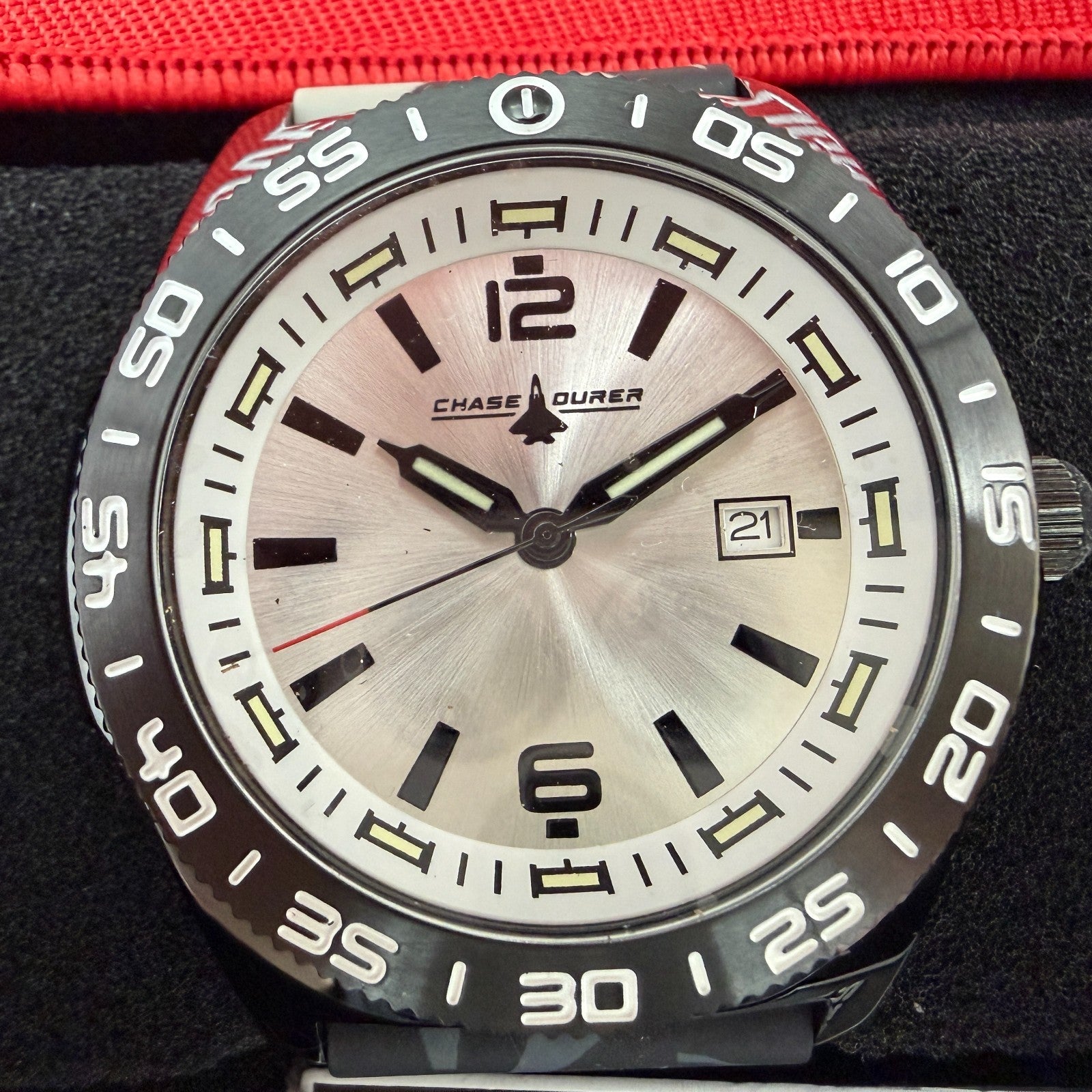 Chase Durer Dive Watch Men 46mm Silver Dial Black Tone Date Camo Band CDW-01771