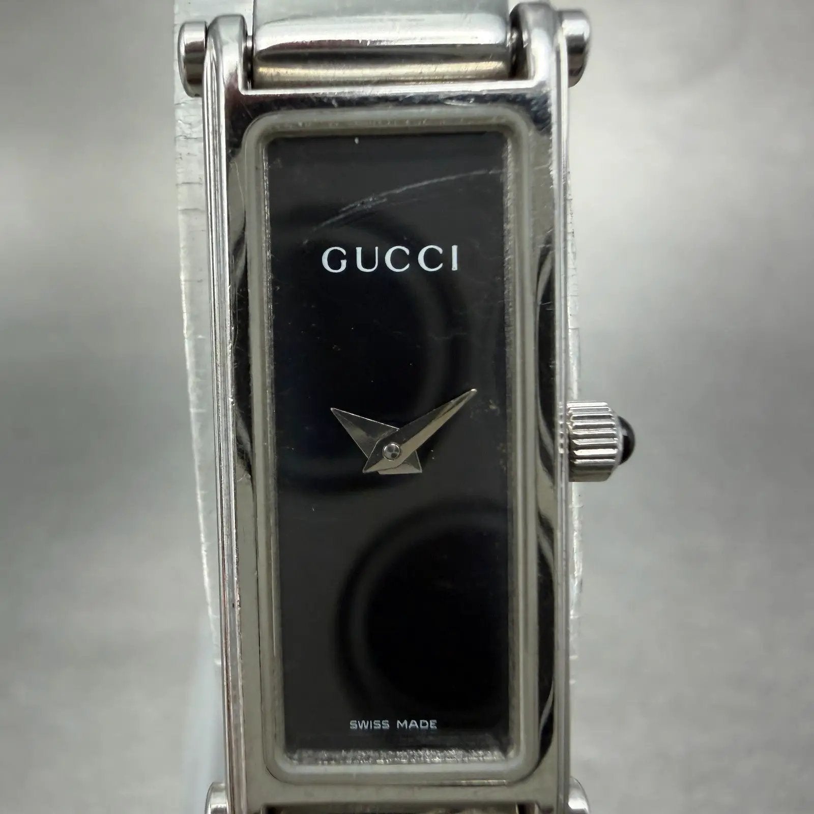 Gucci 1500L Tank Watch Women 12mm Black Dial Steel Rectangle Bangle New batteryB1