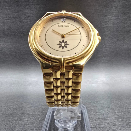Bulova Watch Men 35mm Champagne Dial Gold Tone Diamond Accent Round New Battery5