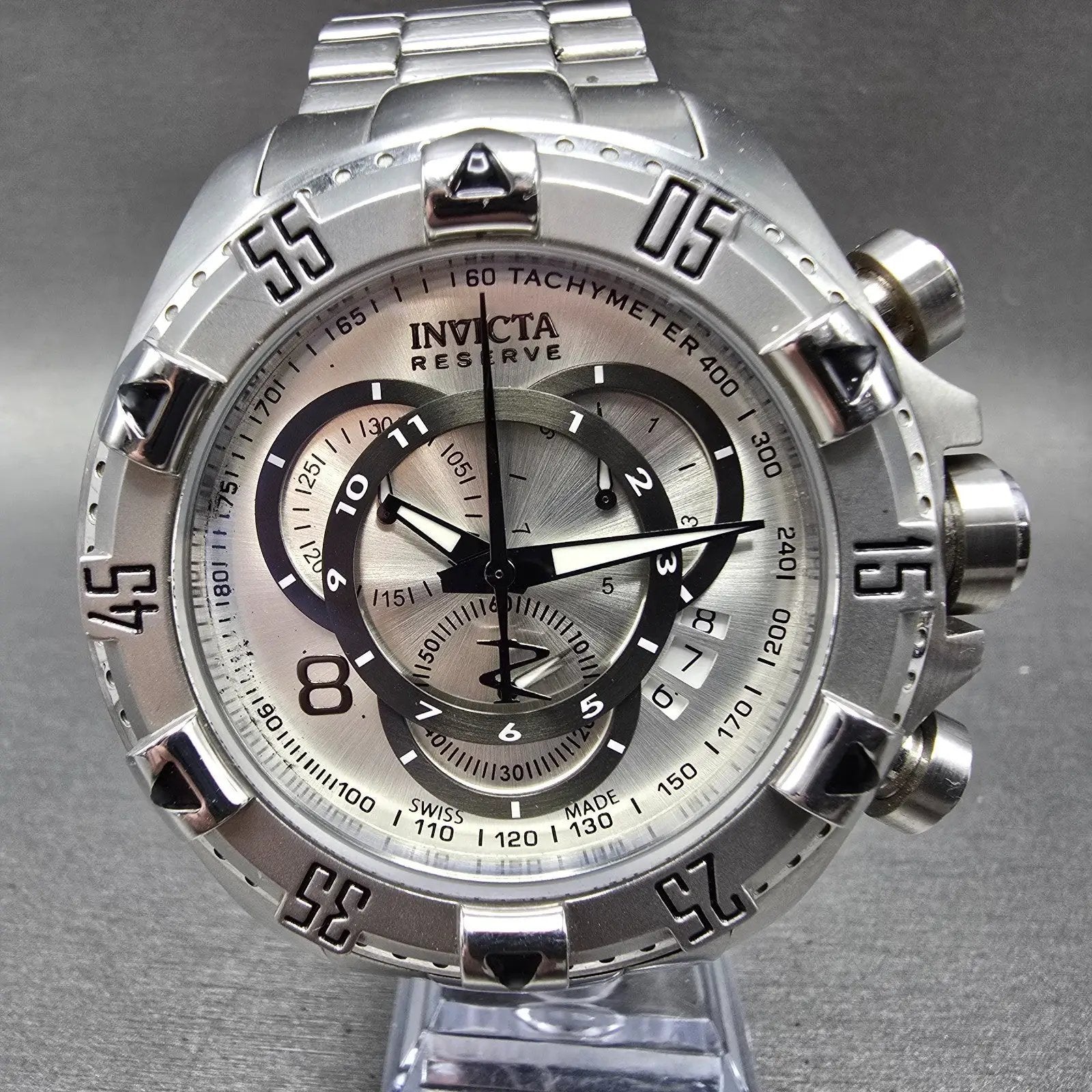 Invicta Reserve Chronograph Watch Men 52mm Silver Dial Steel Date 5525 New Batt0