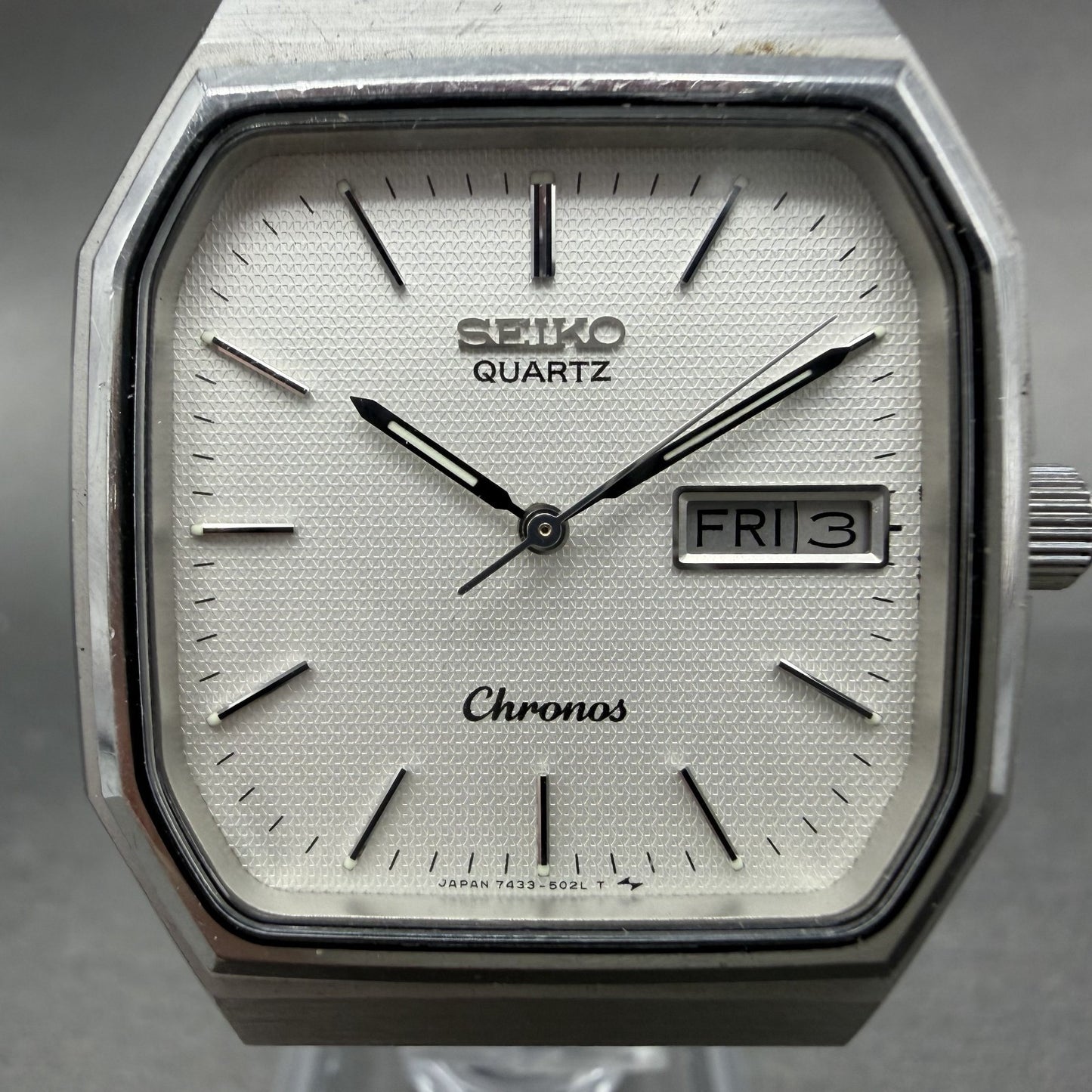 Seiko Chronos Watch Men 32mm Silver Dial Silver Tone Daydate 7433-5010 PARTS2