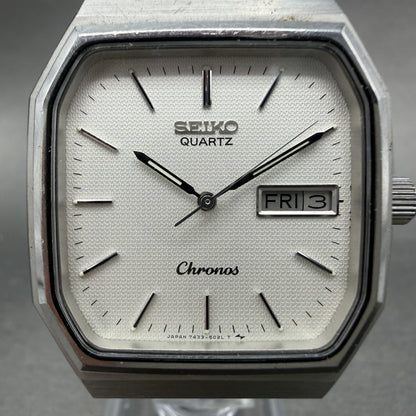 Seiko Chronos Watch Men 32mm Silver Dial Silver Tone Daydate 7433-5010 PARTS2