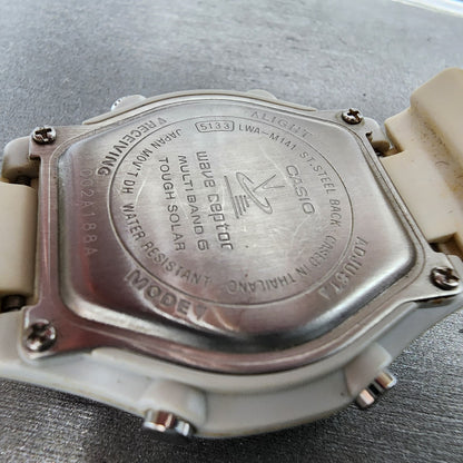 Casio Wave Ceptor Watch Women 35mm White Dial Silver Tone Analog Digital Works