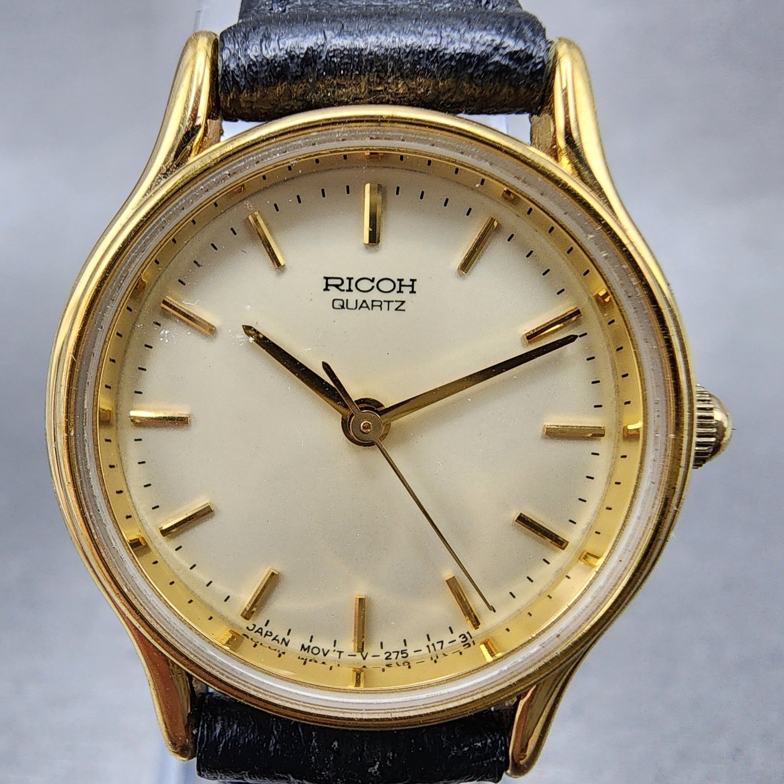 Ricoh Watch Women 25mm Champagne Gold Tone Round Leather Band New Battery1