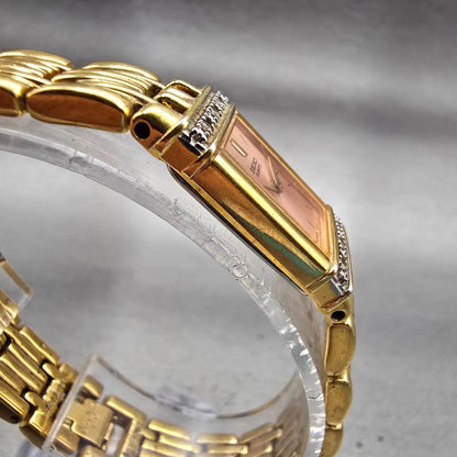 Seiko Watch Women 13mm Pink Dial Gold Tone Diamonds Rectangle 2E20-7191 New Batt3