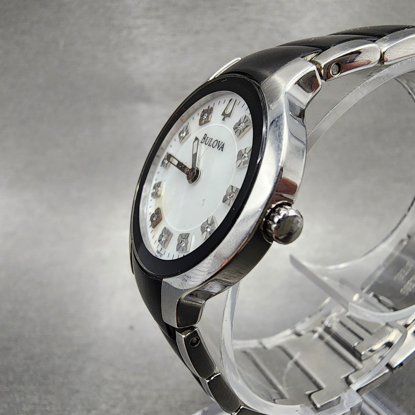 Bulova Diamond Watch Women 28mm MOP Dial Black Silver Tone Round 98P127 PARTS3