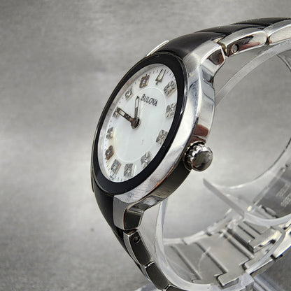 Bulova Diamond Watch Women 28mm MOP Dial Black Silver Tone Round 98P127 PARTS3