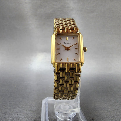 Bulova Tank Watch Women 17mm White Dial Gold Tone Rectangle 97L81 New Battery5