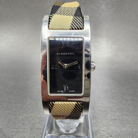 Burberry Heritage Tank Watch Women 18mm Black Dial Steel New Battery BROKEN BAND0