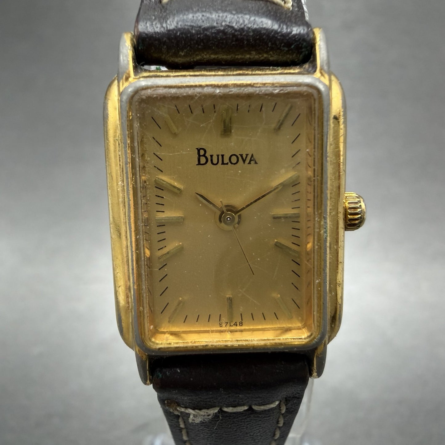Bulova Tank Watch Women 18mm Champagne Dial Gold Tone 97L48 New Battery1