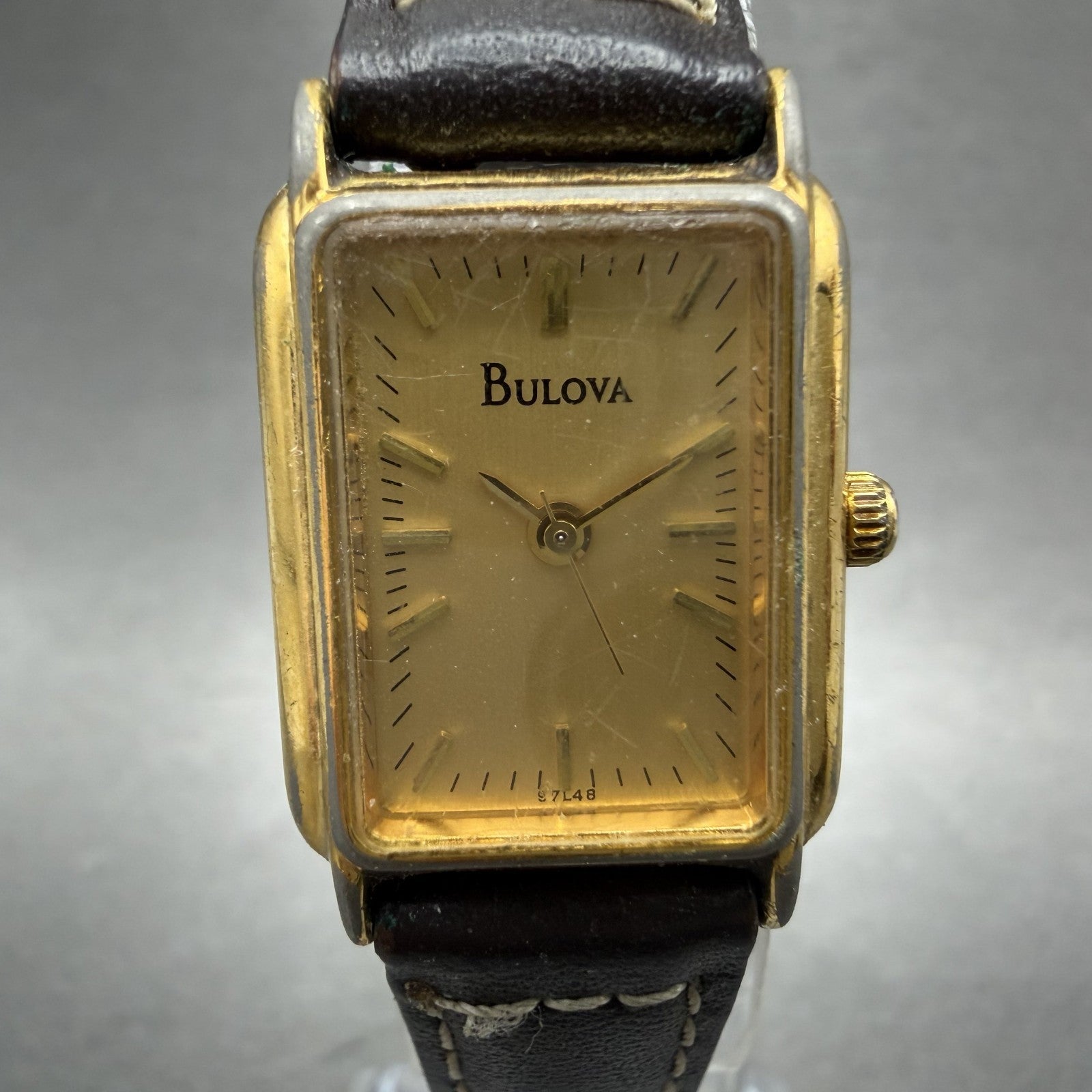 Bulova Tank Watch Women 18mm Champagne Dial Gold Tone 97L48 New Battery1