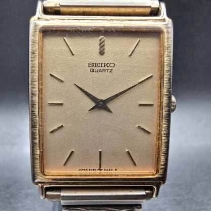 Seiko Tank Watch Men 25mm Champagne Dial Gold Tone Rectangle 5Y30-5A09 New Batt1