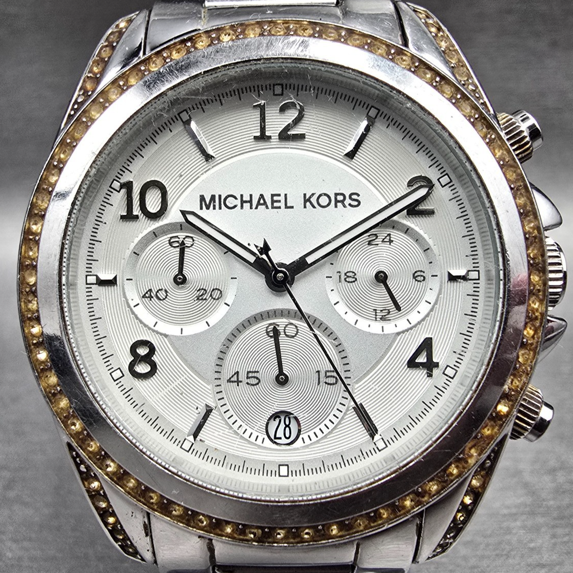 Michael Kors Blair Watch Men 39mm Silver Dial Chrono Date Gemmed MK5459 New Batt1