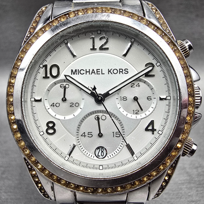 Michael Kors Blair Watch Men 39mm Silver Dial Chrono Date Gemmed MK5459 New Batt1