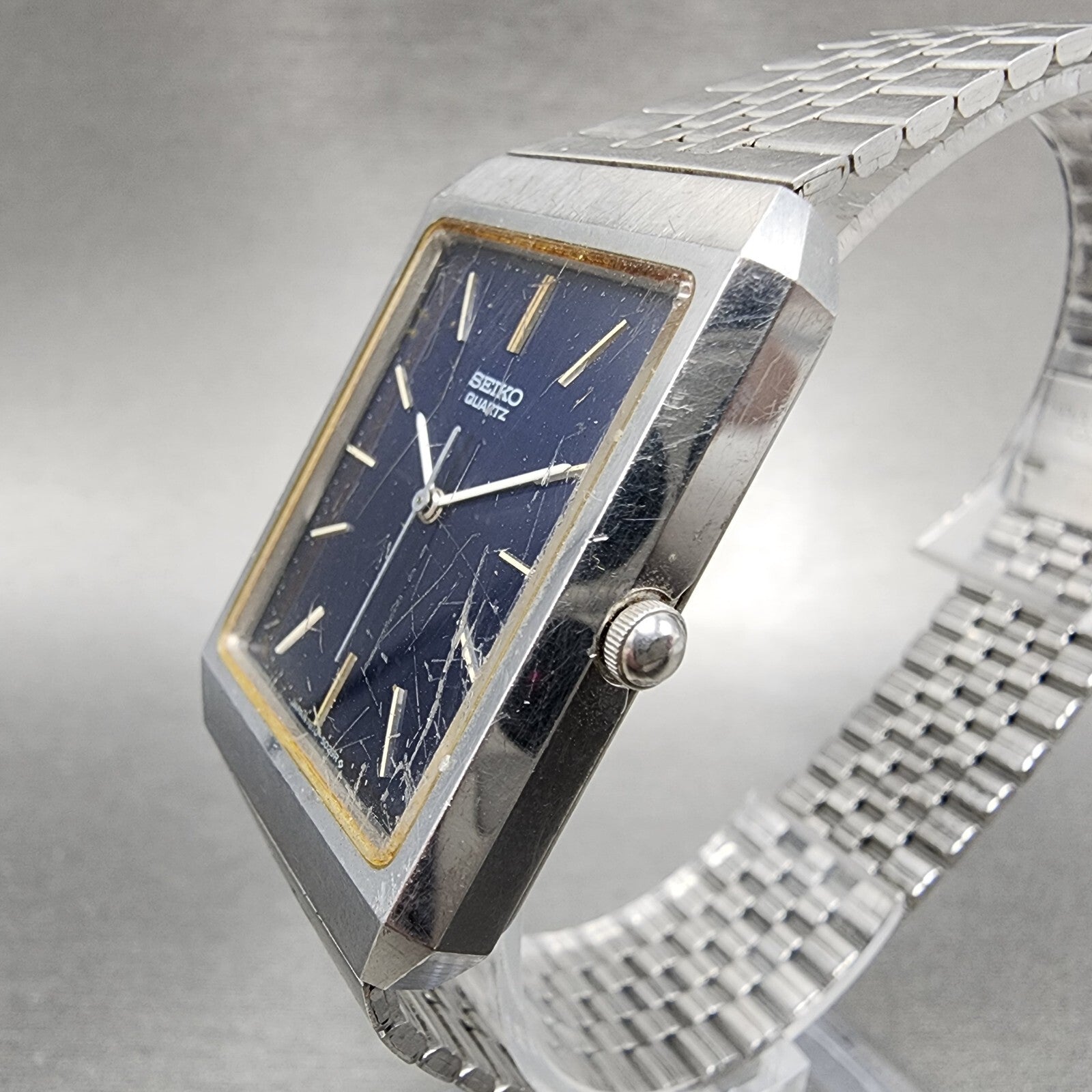 VTG Seiko Tank Watch Men 28mm Blue Dial Steel Rectangle 78105029 PARTS3