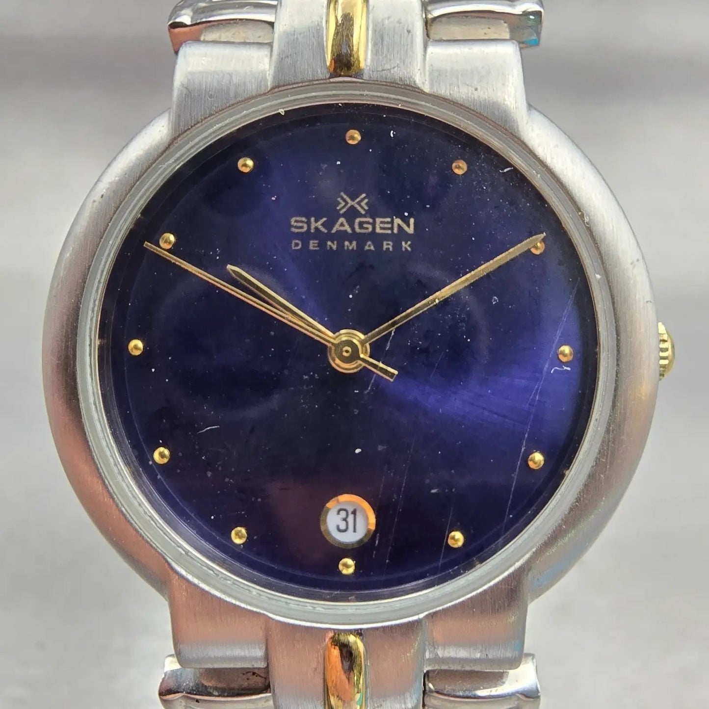 Skagen Watch Men 33mm Blue Dial Two Tone Date Round P38LGSN New Battery1