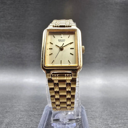 Seiko Tank Watch Women 17mm Champagne Dial Gold Rectangle V401-5129 NewBatt JEP45