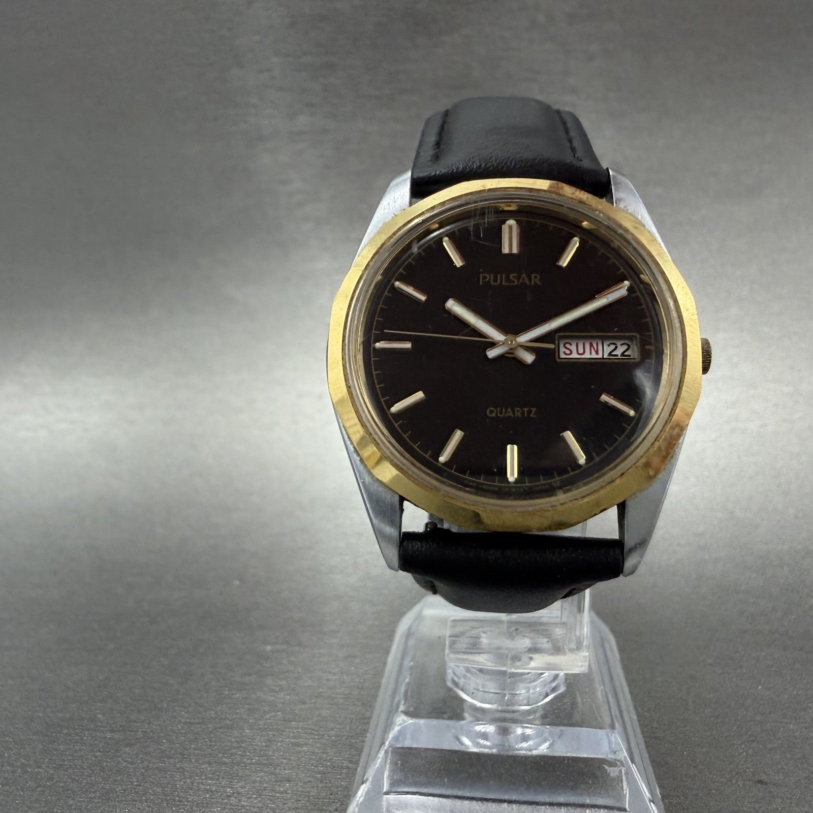 Seiko Pulsar Watch Men 35mm Black Dial Two Tone Daydate Y148-8070 New Battery5