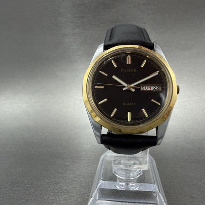 Seiko Pulsar Watch Men 35mm Black Dial Two Tone Daydate Y148-8070 New Battery5
